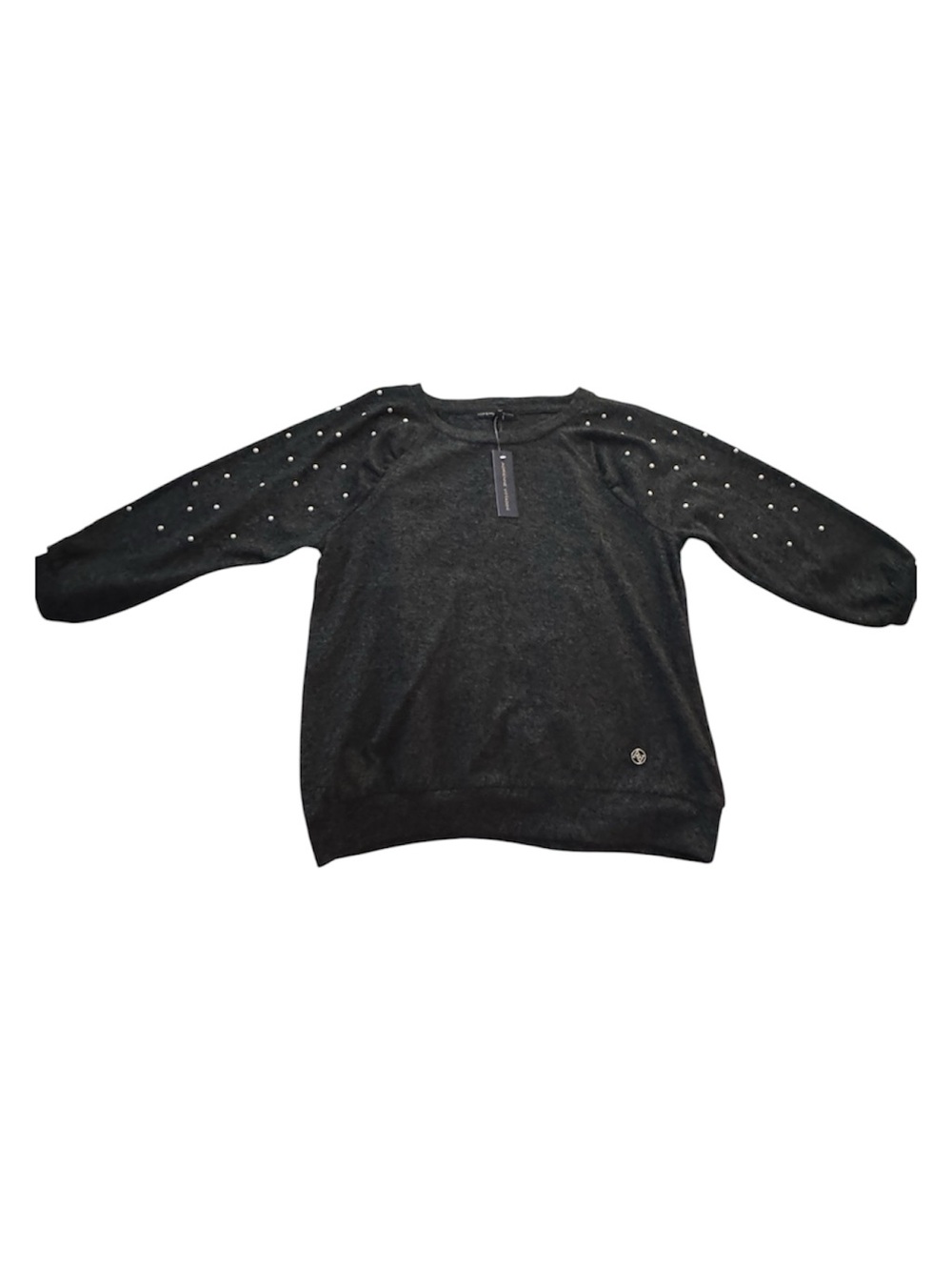 Adrienne Vittadini Soft Black Crewneck Sweater with Pearl Accent